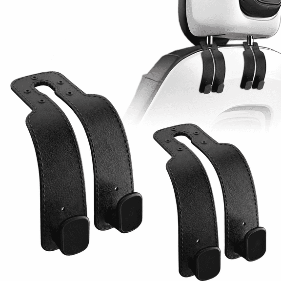Car Headrest Hooks 2 Pack, Alloy Core Leather-Finish Double Hooks, Universal Seat Organizer for Purses Bags Groceries, Black.