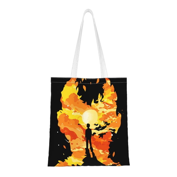 DouZhe Reusable Grocery Bags, Burning Fire Flame Man Lightweight Polyester Canvas Cloth Tote Bag for Travle Gym Shopping School, 15" x 16"