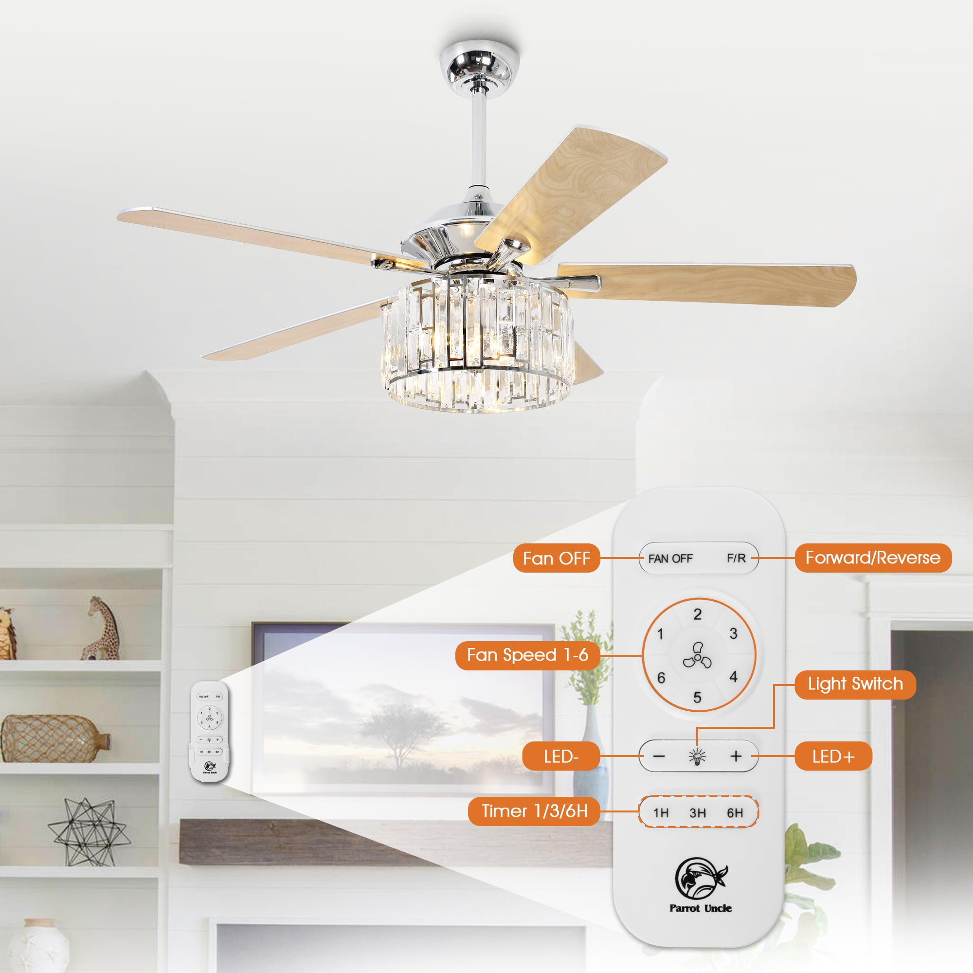 Parrot Uncle 52" Crystal Chandelier Ceiling Fan with Remote and Lights, Double-Sided Blades Fandelier, Chrome