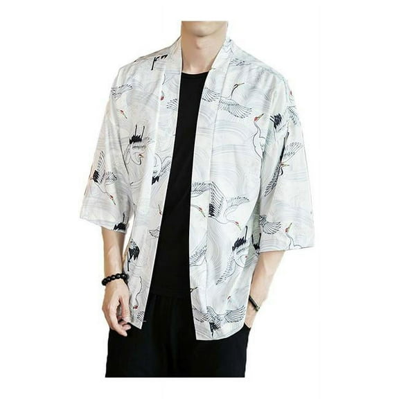 Panda Superstore  Crane Pattern Chinese Half Sleeve Kungfu Cloth Cotton & Linen Outerware Mens Shirt, B