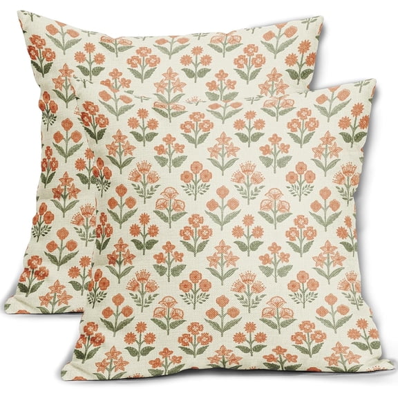Orange Green Floral Block Print Pillow Covers 20x20 Inch Set of 2, Vintage Flower Pattern Decorative Throw Pillowcases Outdoor Farmhouse Cushion Covers Spring Summer Rustic Sofa Couch Bed Decor