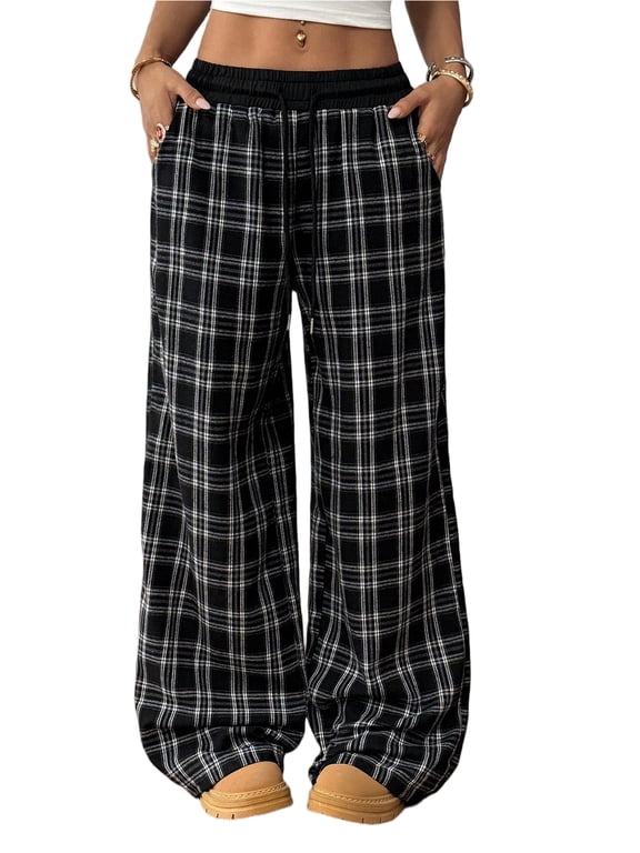 Women's Pants All Season High Waist Plaid Patchwork Straight Wide Leg Casual Joggers Sweatpants S-XL