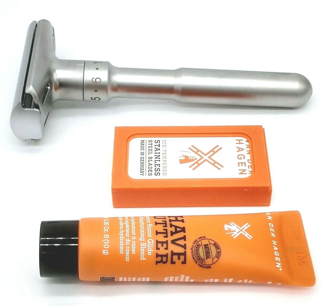 Van Der Hagen Unisex TWIST Adjustable Safety Razor Siver 5 Blades + Shave Butter sample