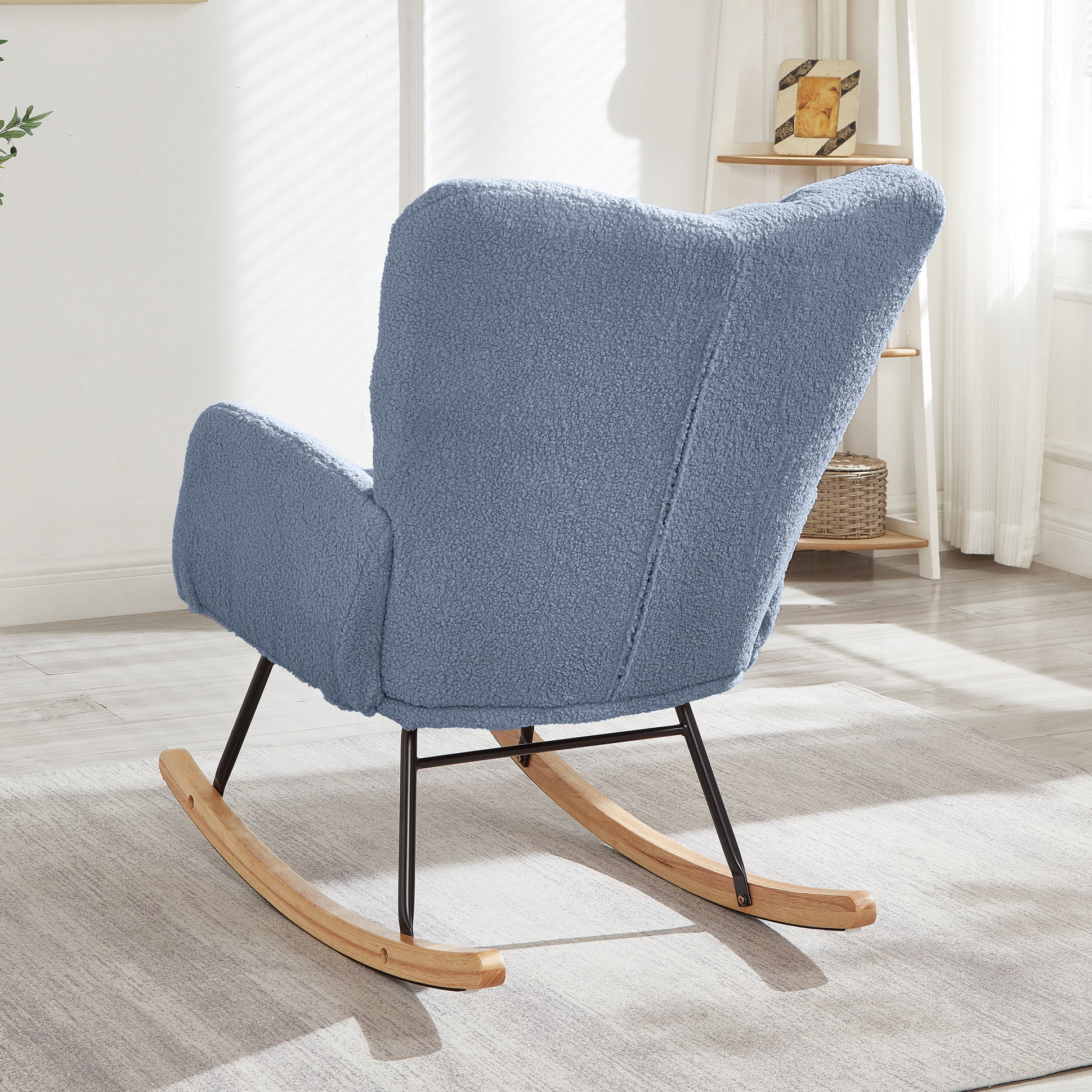 Nursery Rocking Chair, Teddy Upholstered Glider Rocker, Rocking Accent Chair with High Backrest, Comfy Armchair for Living Room Bedroom Offices, Light Blue