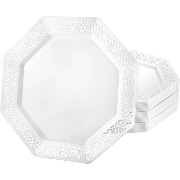EcoQuality 11 Inches Pearl Octagonal Plastic Dinner Plate – Elegant Disposable Dinnerware for Weddings, Parties, and Events – Durable, Stylish, and Reusable Tableware (10)