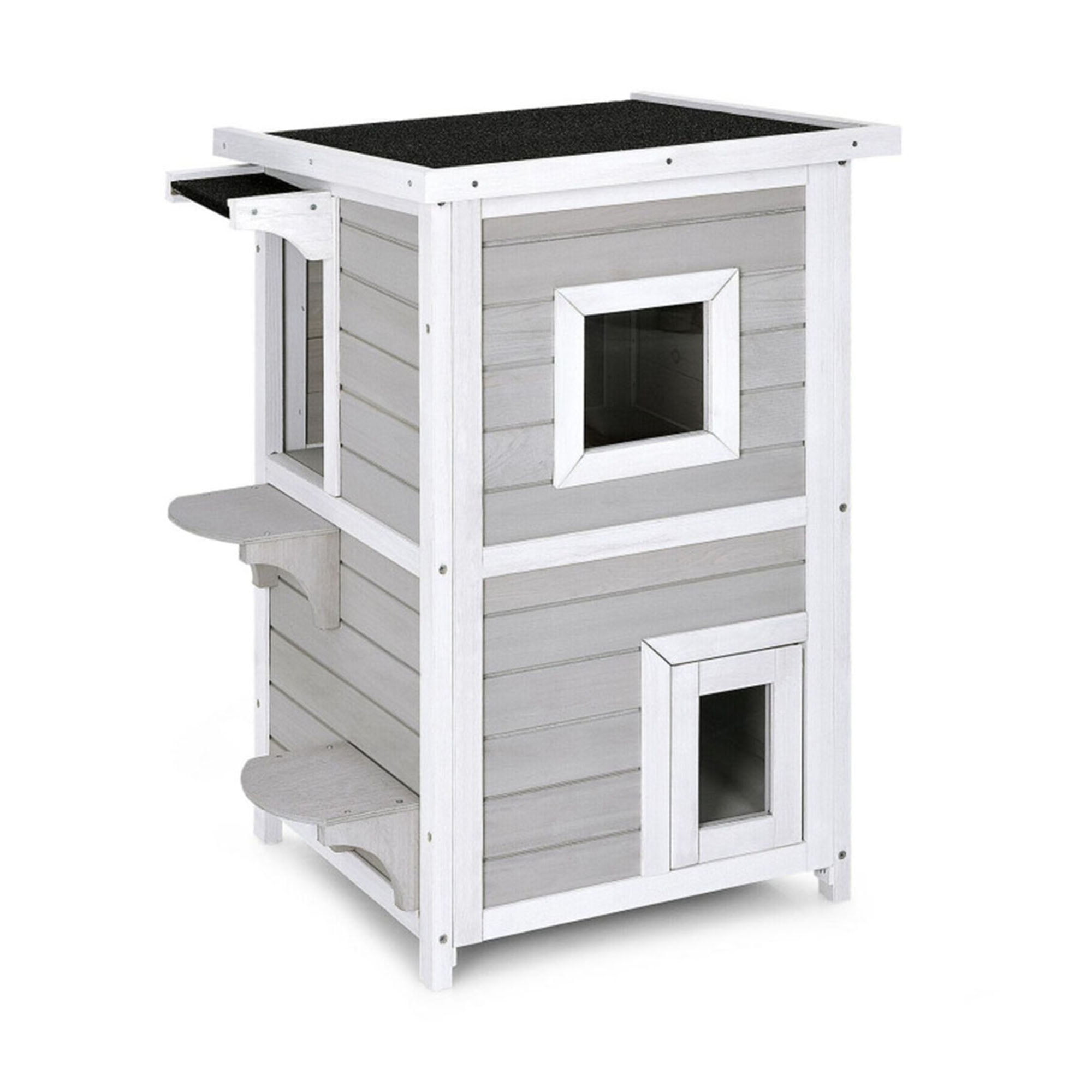 Pefilos 32" Outdoor Wooden Cat House with Escape Door, Opening Roof, Outside 2-Story Feral Cat Shelter, Indoor Kitty Condo, Light Gray