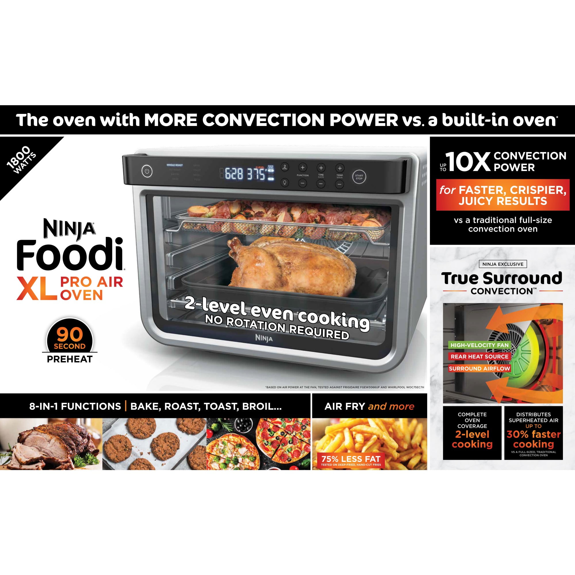 Ninja Foodi 8-in-1 XL Pro Air Countertop Oven, 2 Level Cooking, Air Fryer, Bake, Roast, Toast, with True Surround Convection Technology, DT200 Stainless Steel