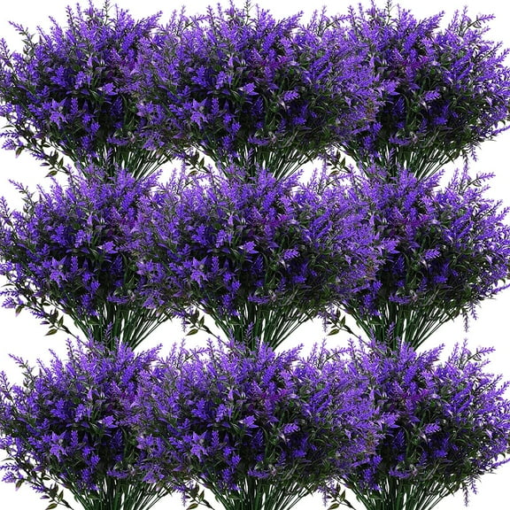 10 Bundles Artificial Lavender Flowers Outdoor UV Resistant Plastic Artificial Plants Fake Shrubs Flowers Greenery Bushes for Outside Indoor Garden Home Porch Box Decor Purple