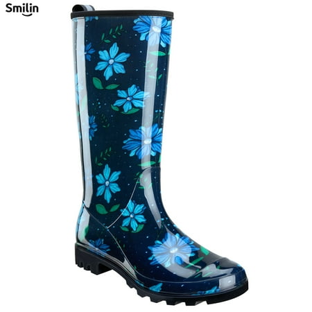 SMILIN Colorful Rain Boots for Women,Mid-Calf Waterproof Anti-Slip Slim Calf Garden Shoes,Blue Floral,US Size 10