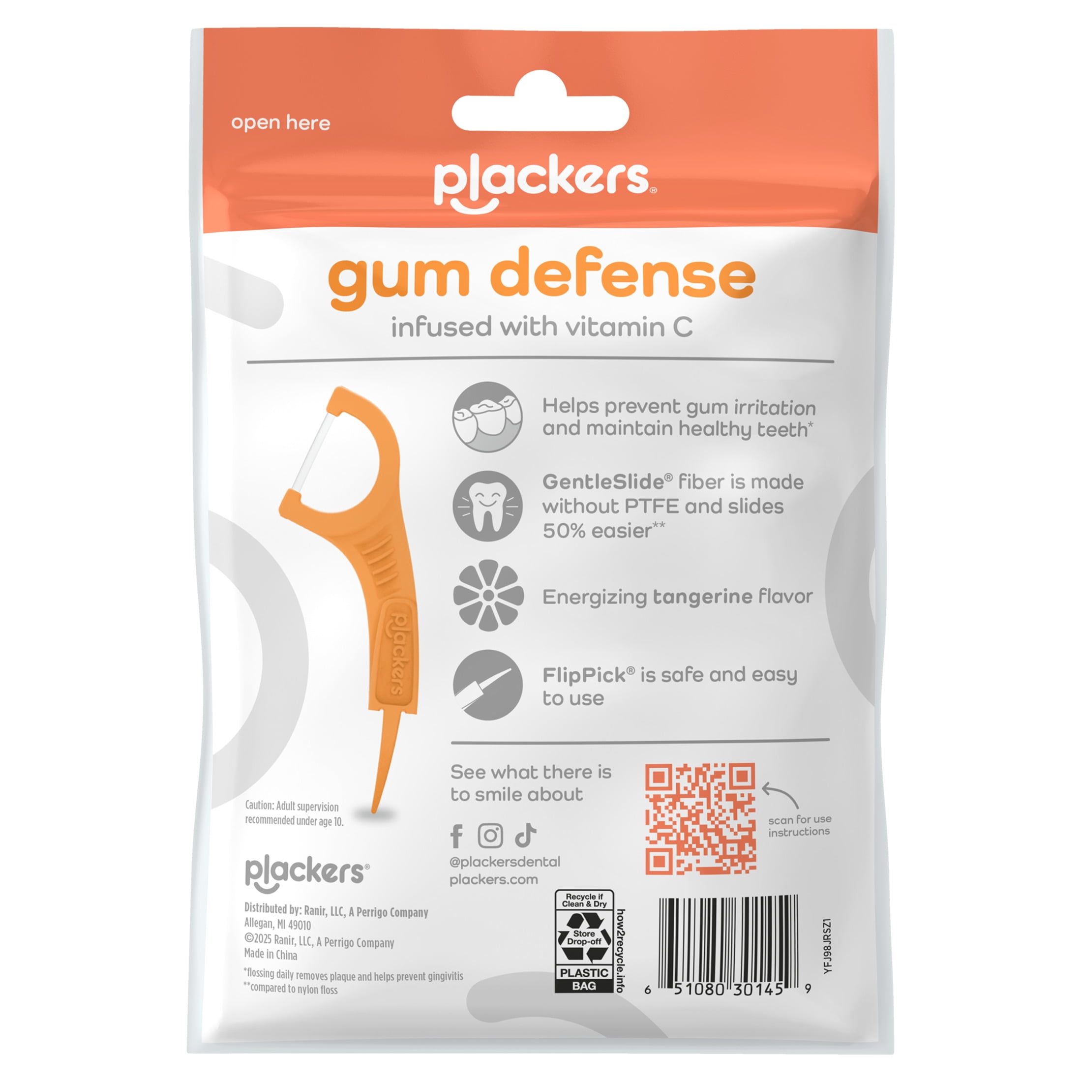 Plackers® Gum Defense Floss Picks with Vitamin C, Energizing Tangerine Flavor, GentleFloss, 75 Count
