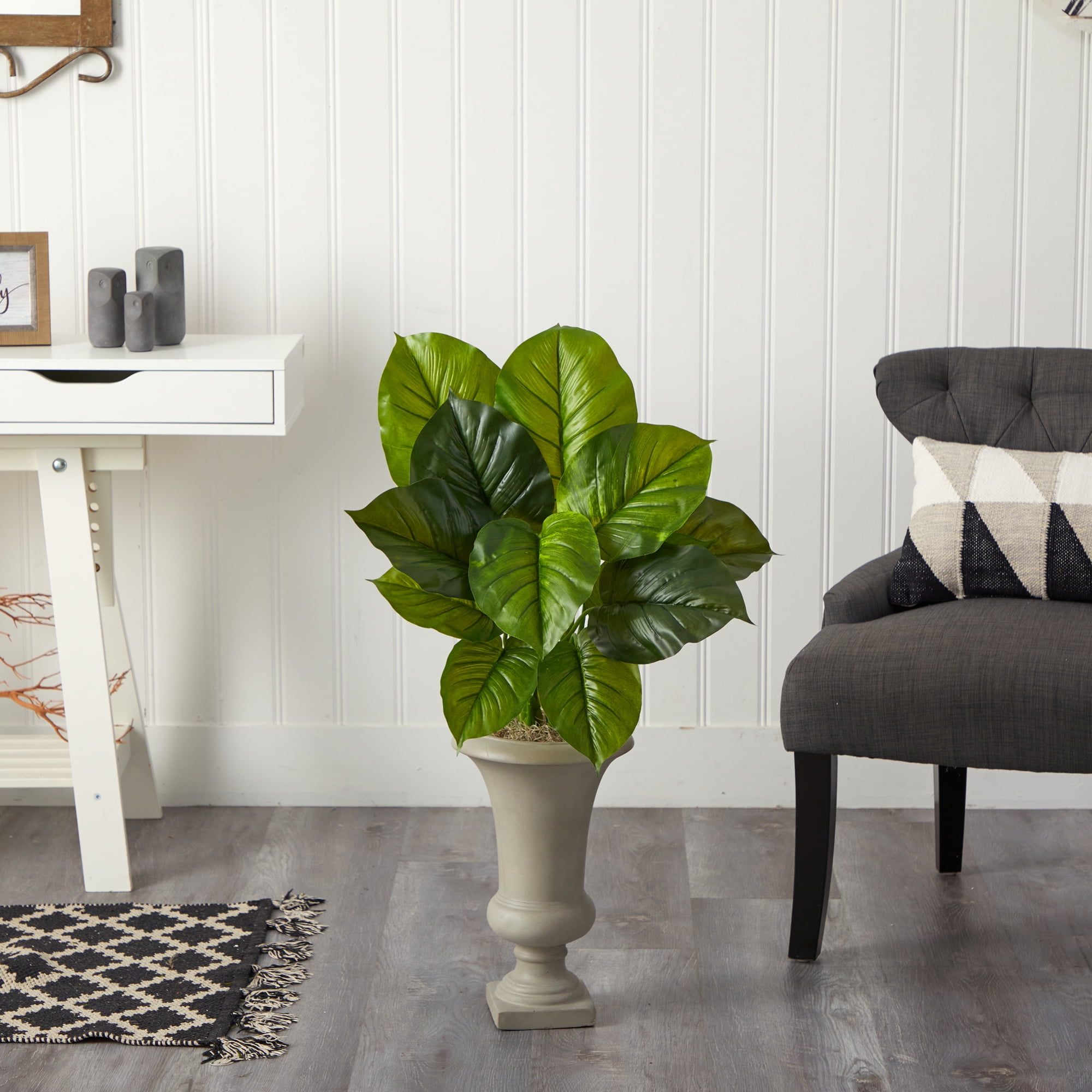 Nearly Natural 3ft. Large Philodendron Leaf Artificial Plant in Sand Colored Urn