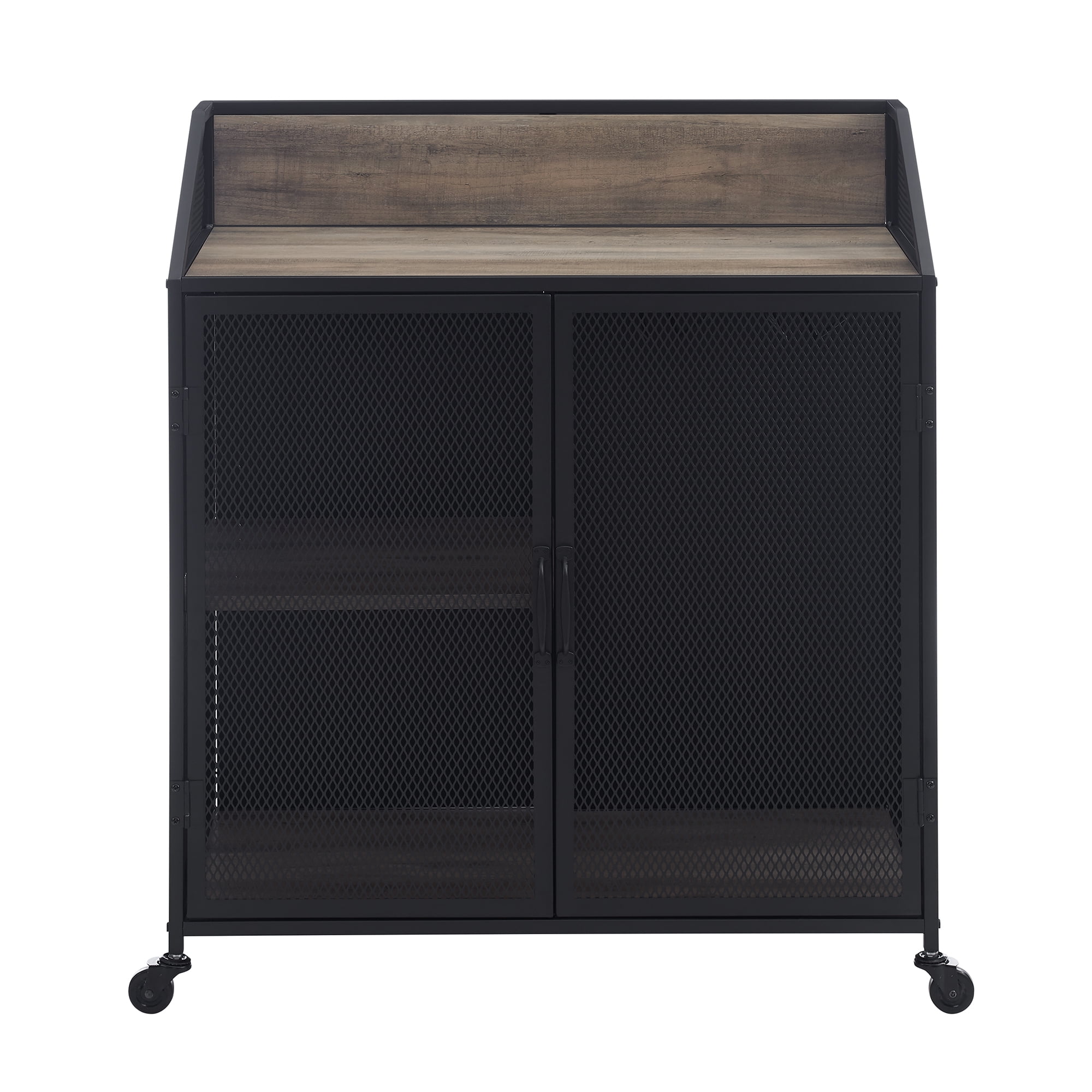 Walker Edison Industrial Bar Cabinet with Wheels, Grey Wash