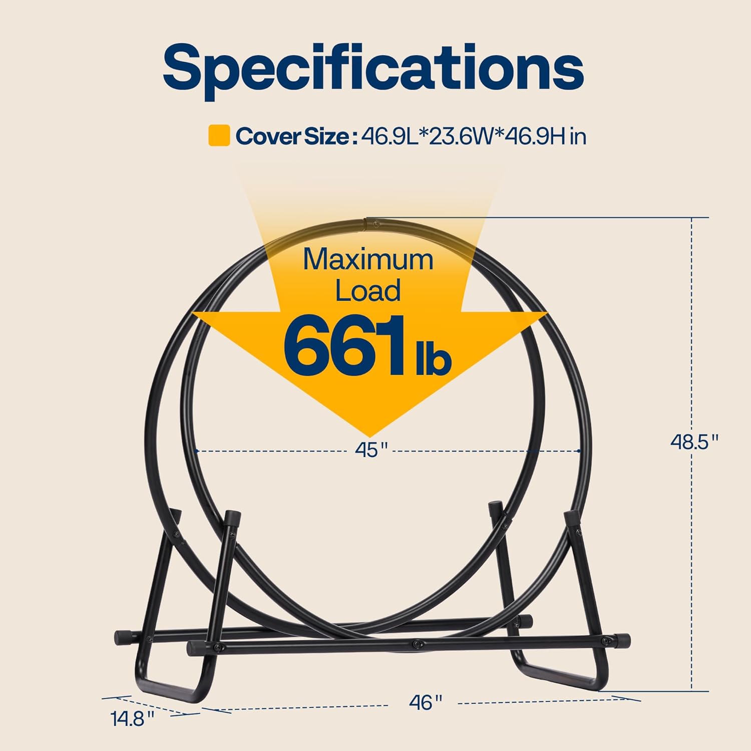 SPECSTAR 48 Inches Firewood Log Rack Hoop with Round Cover, Heavy Duty Solid Steel Fire Wood Storage Rack and Cover Set with Zipper, Round Log Holder Ring for Indoor Outdoor Patio Deck Porch