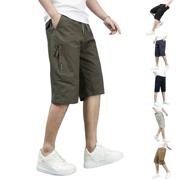 Men's 3/4 Cargo Shorts Below Knee Elastic Waist Shorts Long Blew Knee Capri Big and Tall 3/4 Pants with Multi-Pockets Outdoor Work Relaxed Fit Long Shorts,Green 4XL
