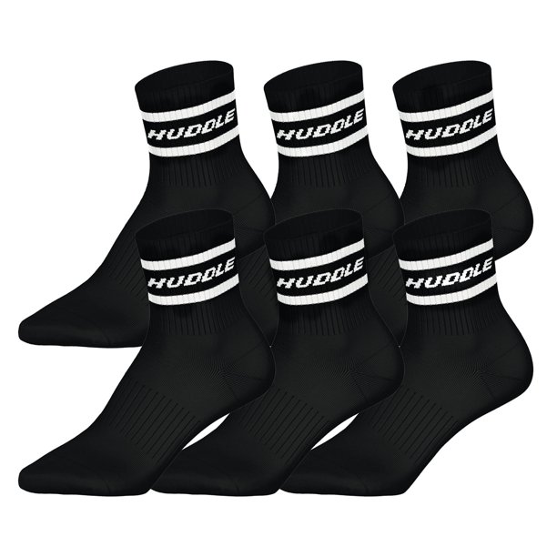 HUDDLE Calcetines Unisex, pack de 6 – Rayas, logo, Short Crew, calcetines deportivos, color liso Negro 39-42