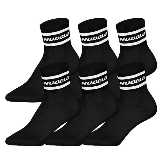 HUDDLE Calcetines Unisex, pack de 6 – Rayas, logo, Short Crew, calcetines deportivos, color liso Negro 35-38