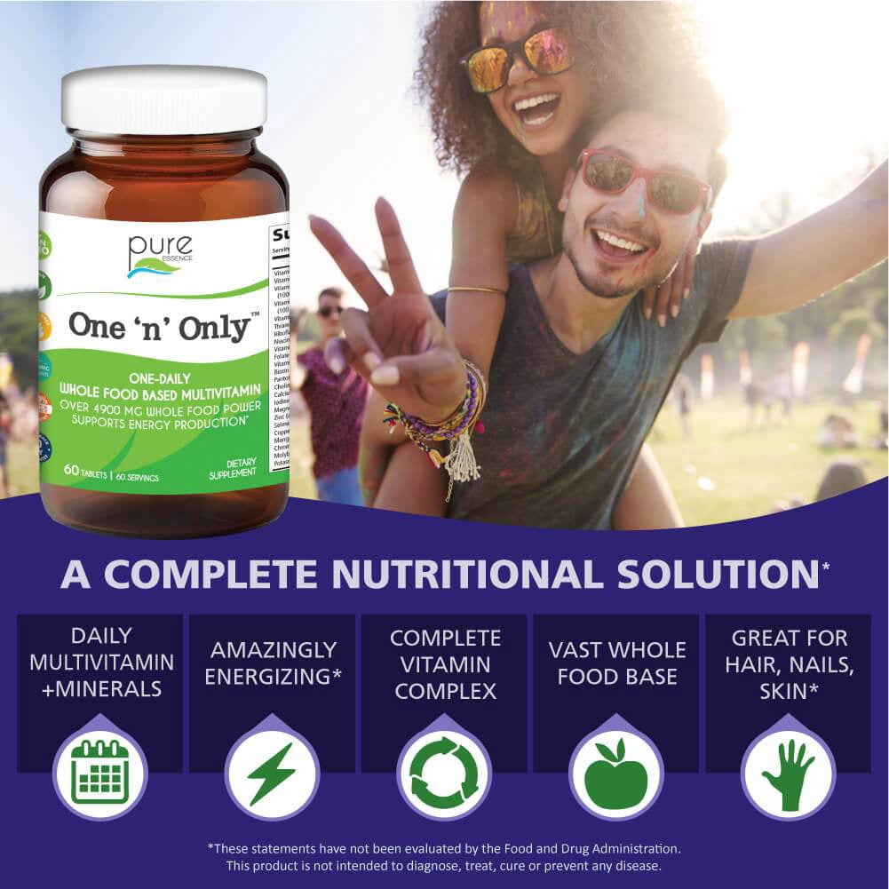 One N Only Multivitamin - One a Day Whole Food Supplement with Superfoods, Minerals, Enzymes, Vitamin D, D3, B12, Biotin by Pure Essence - 60 Tablets