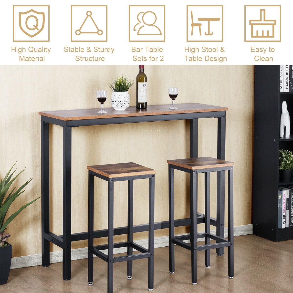 Gymax Counter Height Bar Dining Table Stools Set Rustic Brown, 3 Pieces