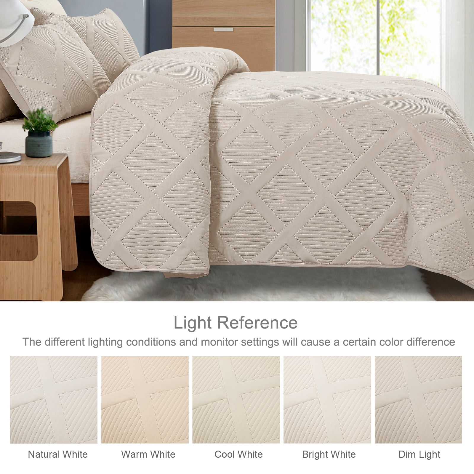 Exclusivo Mezcla Ultrasonic King Quilt Set, 3-Piece Lightweight Bedspreads Modern Striped Coverlet, Brich Beige