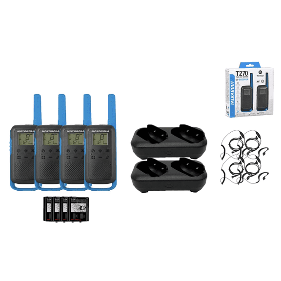 Motorola Solutions Portable FRS Talkabout T270 Two Way Radio 4-Pack Walkie Talkies Blue/Black 22 Channels PTT Earpieces Dual Chargers