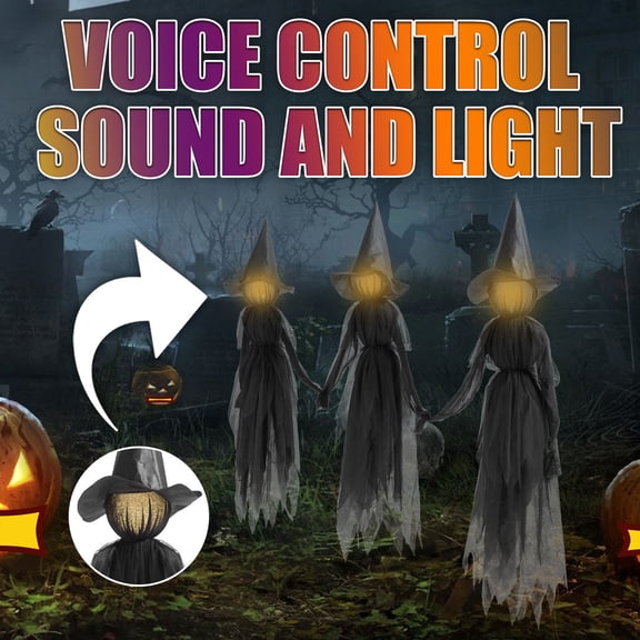 Halloween Visiting Luminous Witches Holding Hands,Outdoor Halloween Decoration Light-Up Witches with Stakes,Voice Control Witch Glowing Head Waterproof Life Size for Home Lawn Yard Party Decor