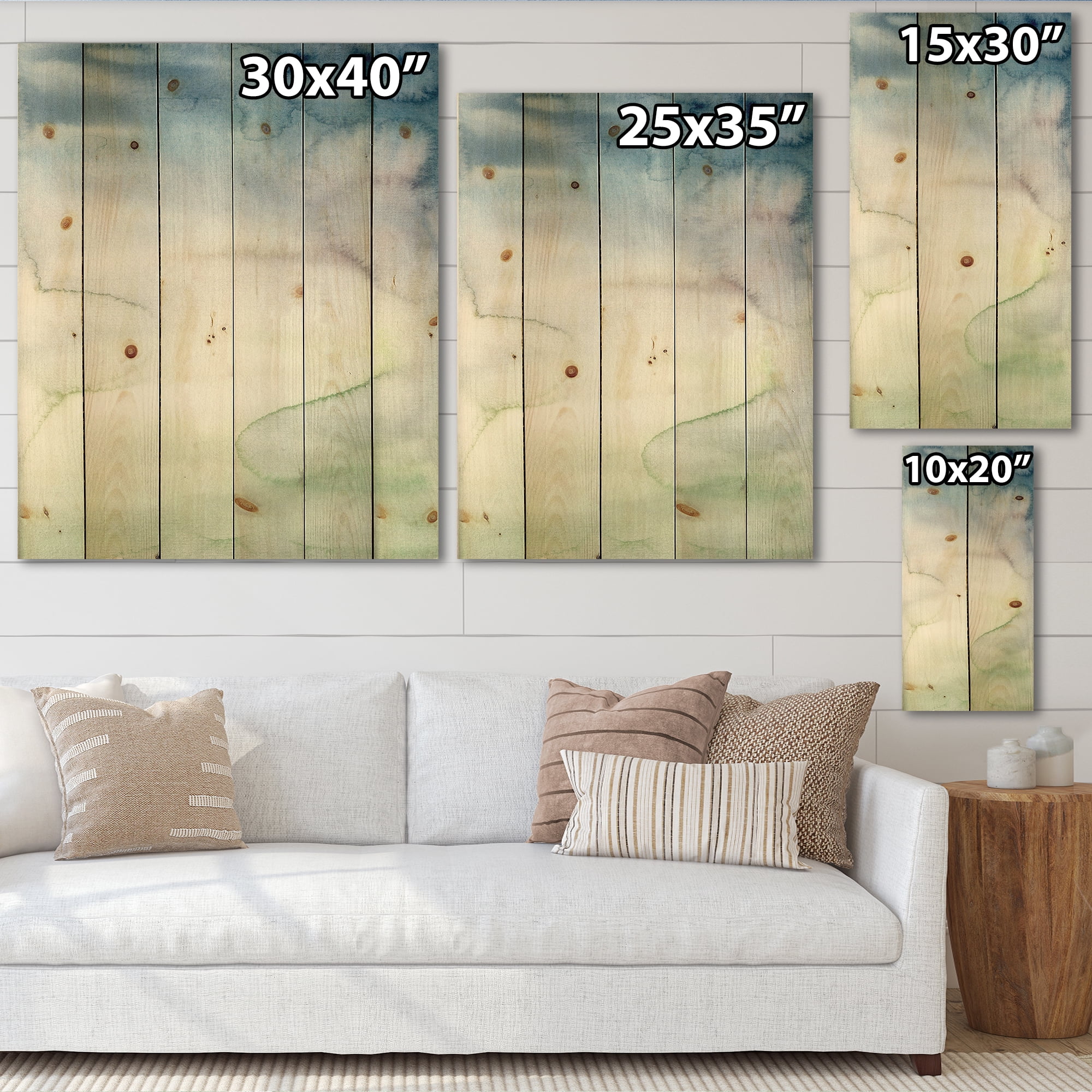 Designart 'Pastel Abstract With Green Dark Blue and White Spots' Modern Print on Natural Pine Wood
