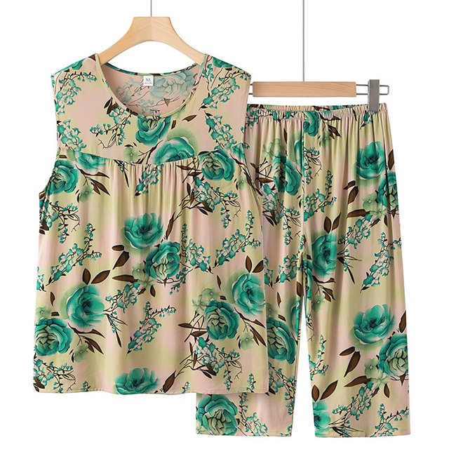 Puntoco Conjunto de dos piezas de verano para mujer, sin mangas, cuello redondo, tops estampados, pantalones divididos Puntoco Puntoco-5006