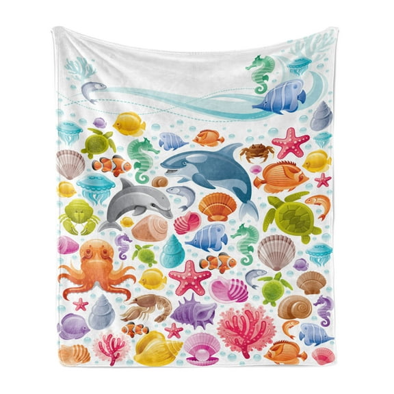Tropical Animals Soft Flannel Fleece Throw Blanket, Diving Sea Fauna Pattern Marine Objects Whale Corals Underwater, Cozy Plush for Indoor and Outdoor Use, 60" x 80", Multicolor, by Ambesonne