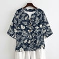 thumbnail image 4 of Xoenoiee Tropical Palm Leaves Print Women's Tops Blouses Business Casual 3/4 Sleeve Henley V Neck Linen Shirts Button Up Pleated Tunic for Ladies, Size 4XL, 4 of 7