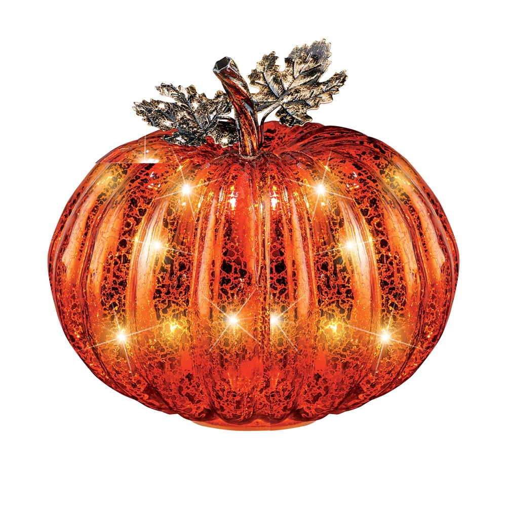 KI Store Glass Pumpkin with Lights and Timer Set of 3 Large LED Lighted Mercury Glass Pumpkins Lantern with Acrylic Stem for Thanksgiving Autumn Fall Harvest Decorations