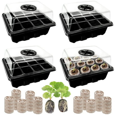 ZeeDix Seed Starter Kit 4 Pack 48 Cells Black Seed Starter Tray with 50 PCS Peat Pellets for Seedlings Organic Seed Stater Soil Pods for Planting Vegetables Plants Flowers & Starting Seeds