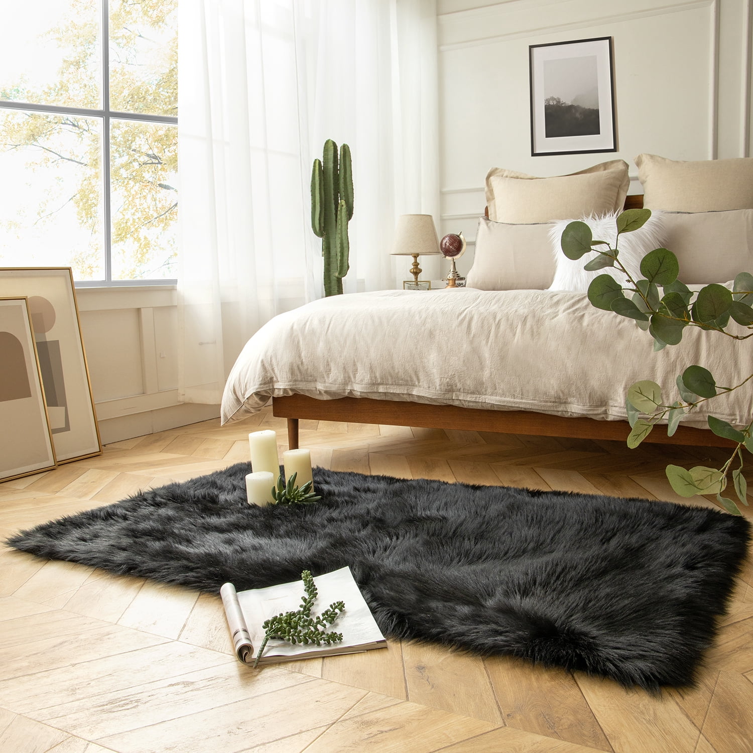 Phantoscope Faux Fur Area Rug, Fluffy Black Shag Carpet, Ultra Soft Machine Washable Indoor Area Rug, 2' x 3', for Living Room, Bedroom, Nursery & Kids Room