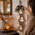 thumbnail image 6 of Rustic Wooden Ghost Halloween Wall Hanging, Sweet Smiling Ghost Door Hanger with Tassel Bow Faux Greenery, Farmhouse Halloween Wall Decor for Entryway Living Room, 6 of 8