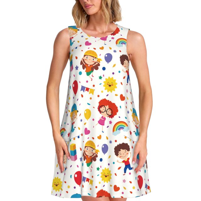 Disketp Childrens Party para Vestido sin Mangas para Mujeres, Vestidos de Verano para Mujeres, Casual y Holgado para la Playa