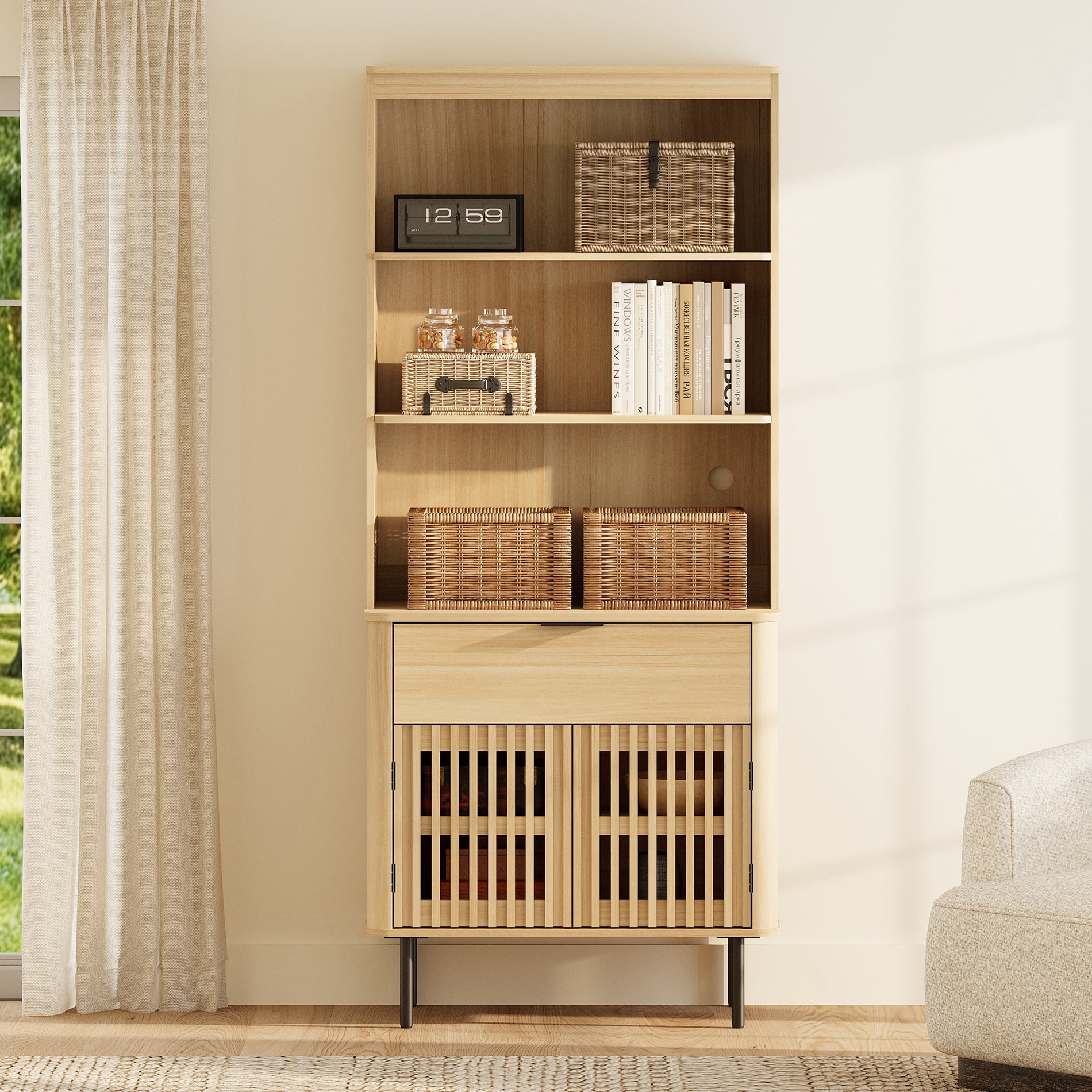 72.8 Inch Tall Bookshelf with Storage Cabinet, 3 Tier Bookcase with Drawer & Adjustable Shelf, Oak