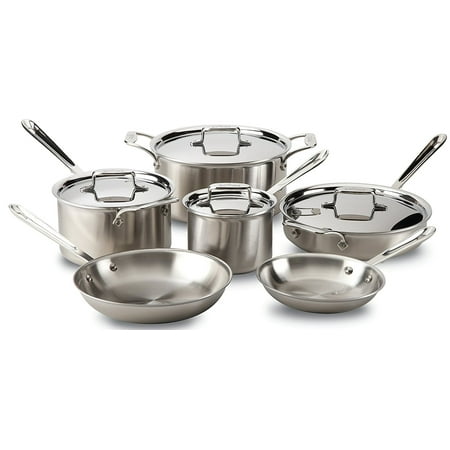 All-Clad BD005710-R D5 Brushed 18/10 Stainless Steel 5-Ply Bonded Dishwasher Safe Cookware Set, 10-Piece, Silver Pots and