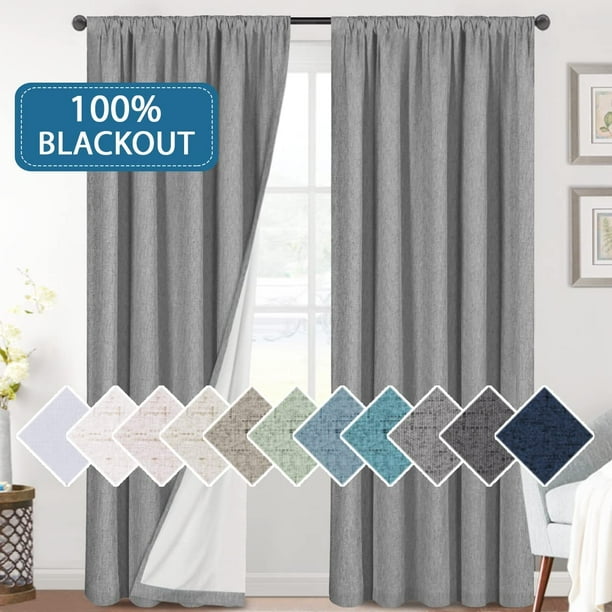 Cortinas 100 % opacas con aspecto de lino, 84 pulgadas de largo para dormitorio, con bolsillo para barra de bloqueo de luz, cortinas gruesas con textura de lino para ventana con respaldo blanco, natural, 2 paneles, gris paloma, 52 pulgadas de ancho x 95 pulgadas de largo