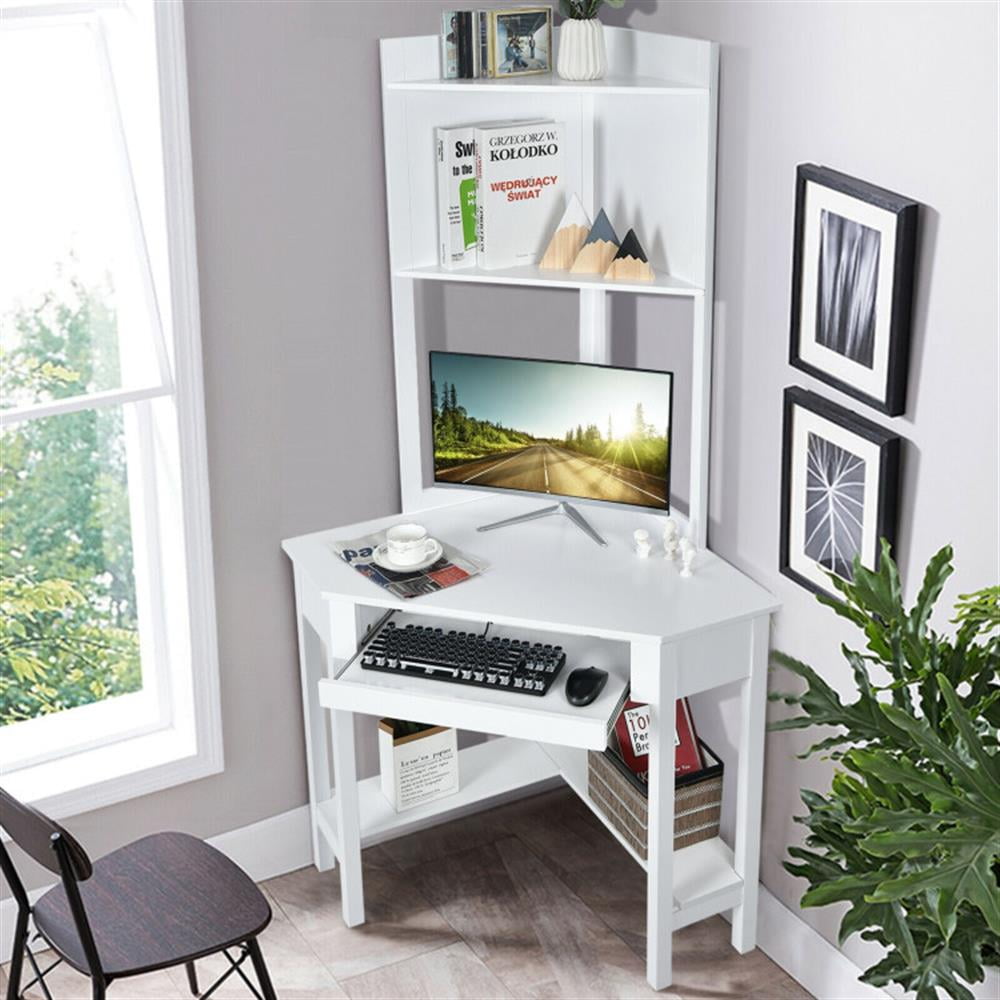 Demi Bonn Corner Computer Desk with Hutch and Storage Shelves, Small Home Office Desk Study Writing Table, White