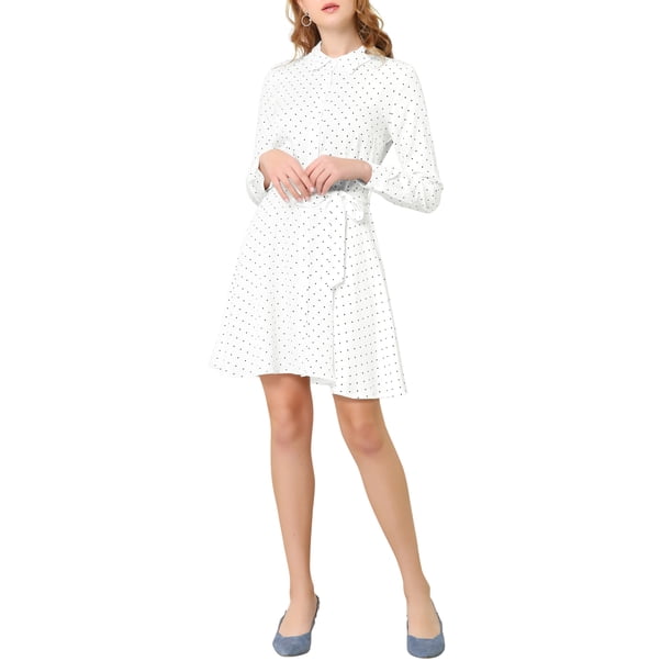 Vestido de camisa abotonado con cinturón de manga larga y lunares para mujer Inspire Chic XS Blanco