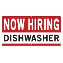 Now Hiring Dishwasher 13 oz Heavy Duty Vinyl Banner Dishwasher Jobs Available Help Wanted Sign for Business Advertising Indoor/Outdoor Single-Sided with Metal Grommets (1.5x5 ft, Wh & Re & Bk)