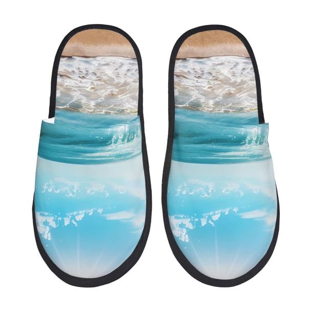 Balery Sunny Ocean Waves Pantuflas de Casa de Felpa Silenciosas con Diseño Estampado, Zapatillas Cómodas Antideslizantes de Algodón para Interior-Large