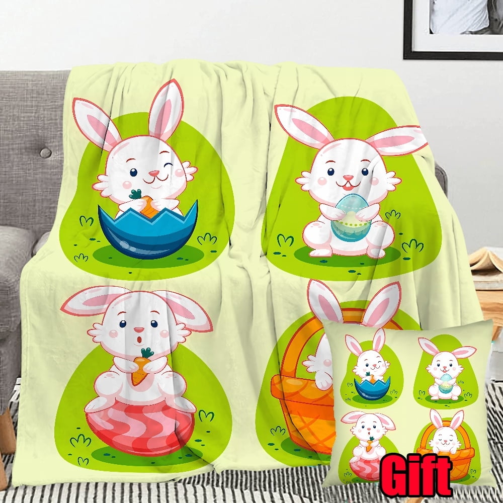 Easter Rabbit Bunny Bed Blanket With Pillow Case For Office, Bed, Sofa