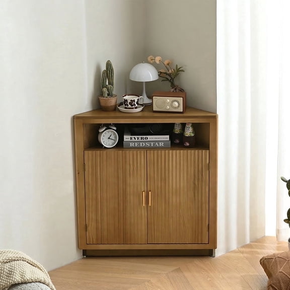 Ahokua Fluted Corner Cabinet with Vertical Textured Doors and Open Shelf, Space-Saving Storage Cabinet for Living Room