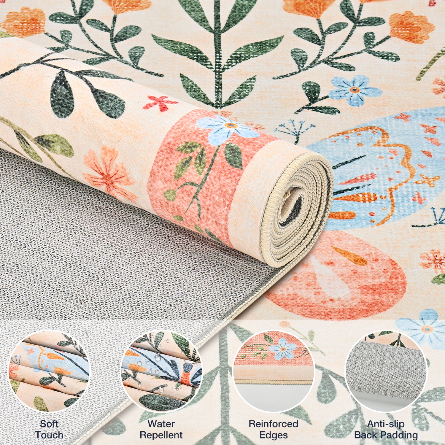 6'x9' Washable Area Rugs for Living Room, Socomw Vintage Orange Floral Washable Indoor Rug, Non-Slip Soft Low Pile Carpet for Bedroom, Dining Room
