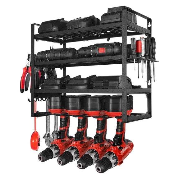 Wall Mounted Tool Organizer with 4-Tier Storage Rack,Drill and Screwdriver Holders for Garage,Workshop,and Workbench