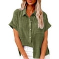 thumbnail image 2 of Bovemsi Women's Short Sleeve Cotton Linen Blouse – V-Neck Collared Plain Top with Side Pockets, Green, 4XL, 2 of 6