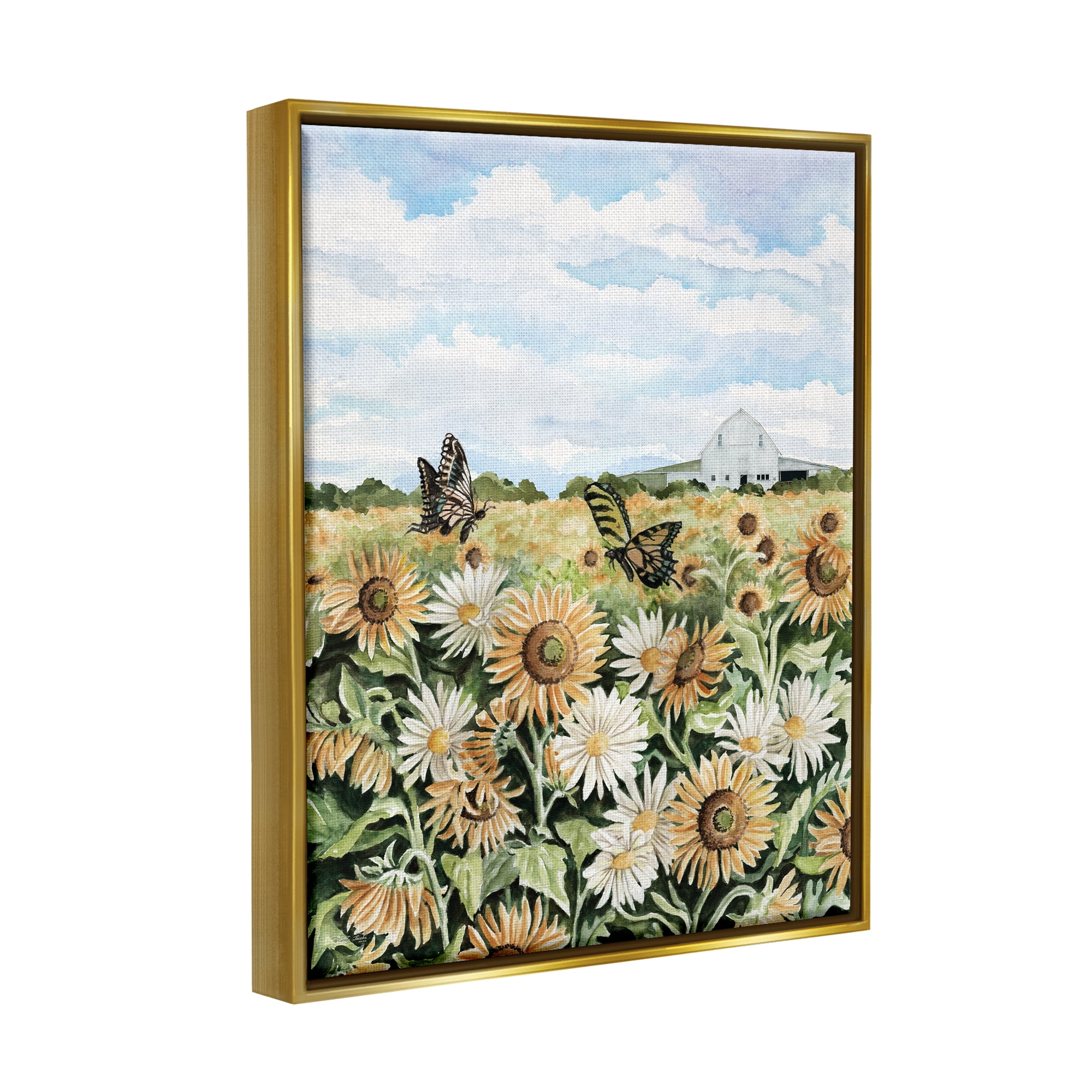 Stupell Industries Sunflower Garden with Butterflies Landscape Painting Gold Floater Framed Canvas Art Print Wall Art, 17 x 21