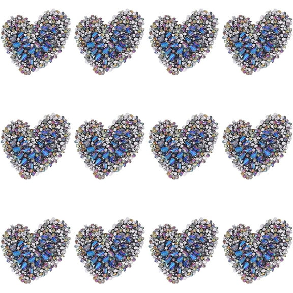 12Pcs Heart Iron on Patches Mini Sew-On Patches Blue Rhinestone Glitter Embroidered Applique for DIY Sewing Crafts Accessories Cloth Repairing