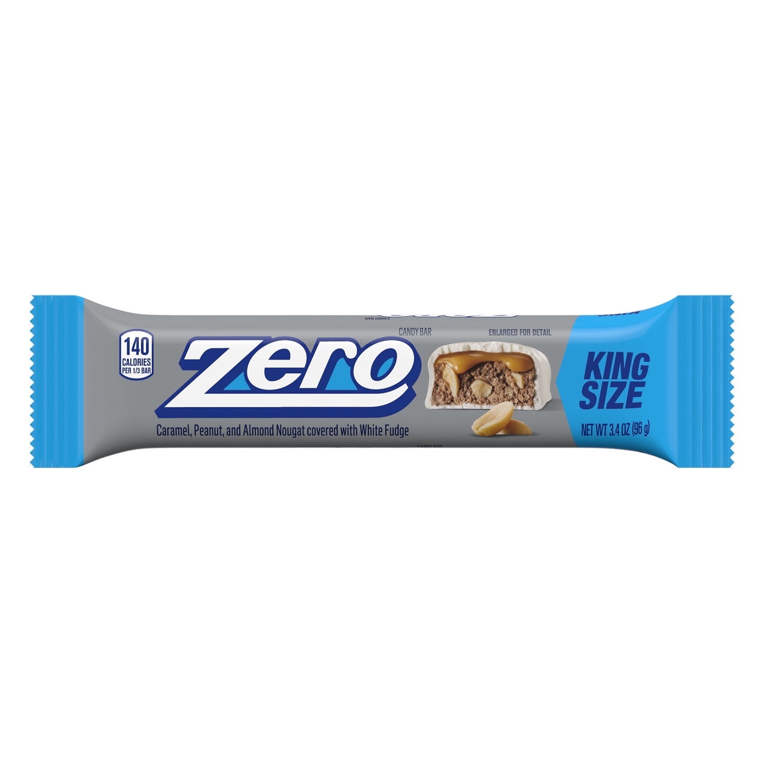 Pack of 2 Zero White Fudge, Caramel, Peanut, Almond Nougat King Size Candy, Bar 3.4 oz