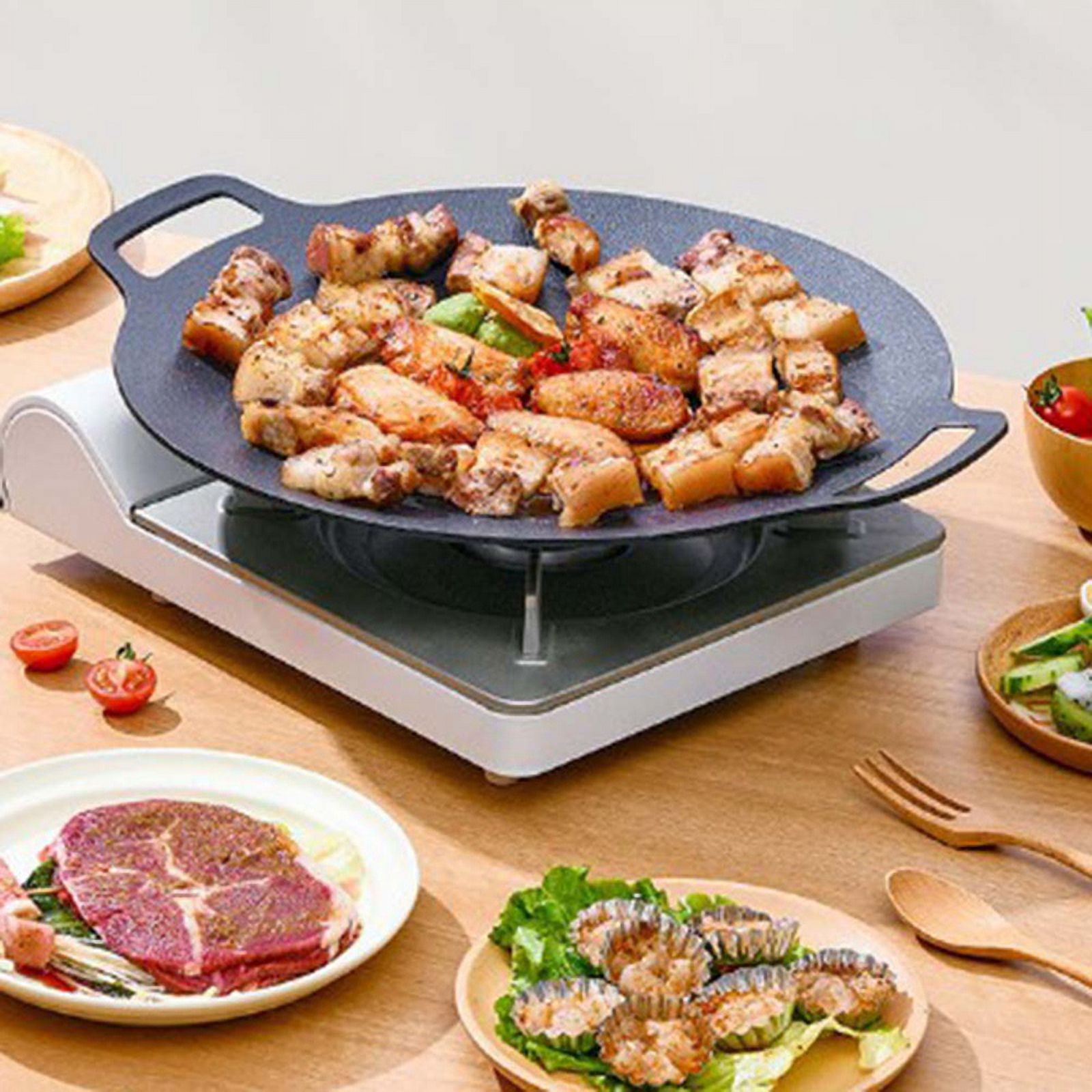 38Cm Thick Cast Iron Frying Pan Flat Pancake Griddle Non-Stick Bbq Grill Induction Cooker Open Flame Cooking Pot